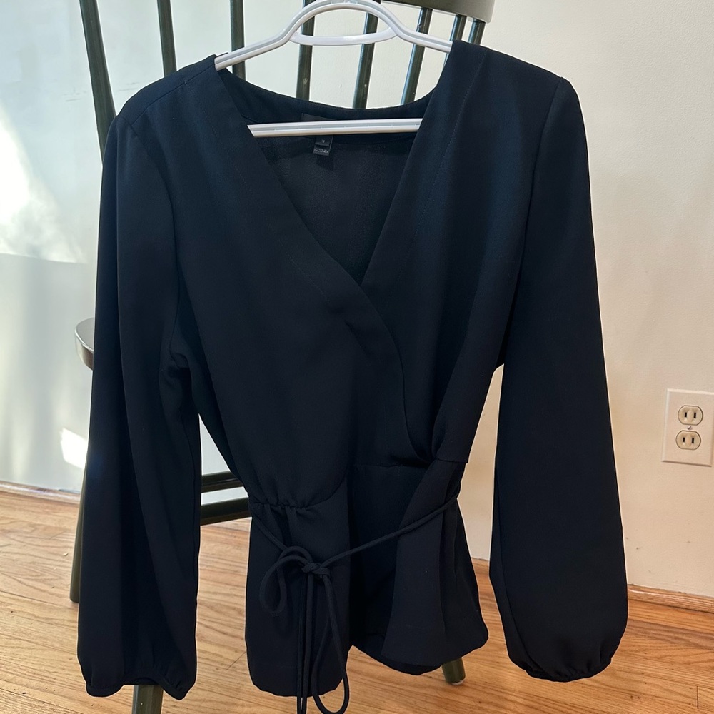 Dark blue, J. Crew women’s blouse, waist tie, long sleeve/three-quarter sleeve
